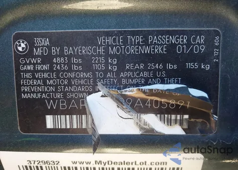 2009 BMW 335I xDrive z USA, uszkodzony, nr VIN WBAPL33599A405891